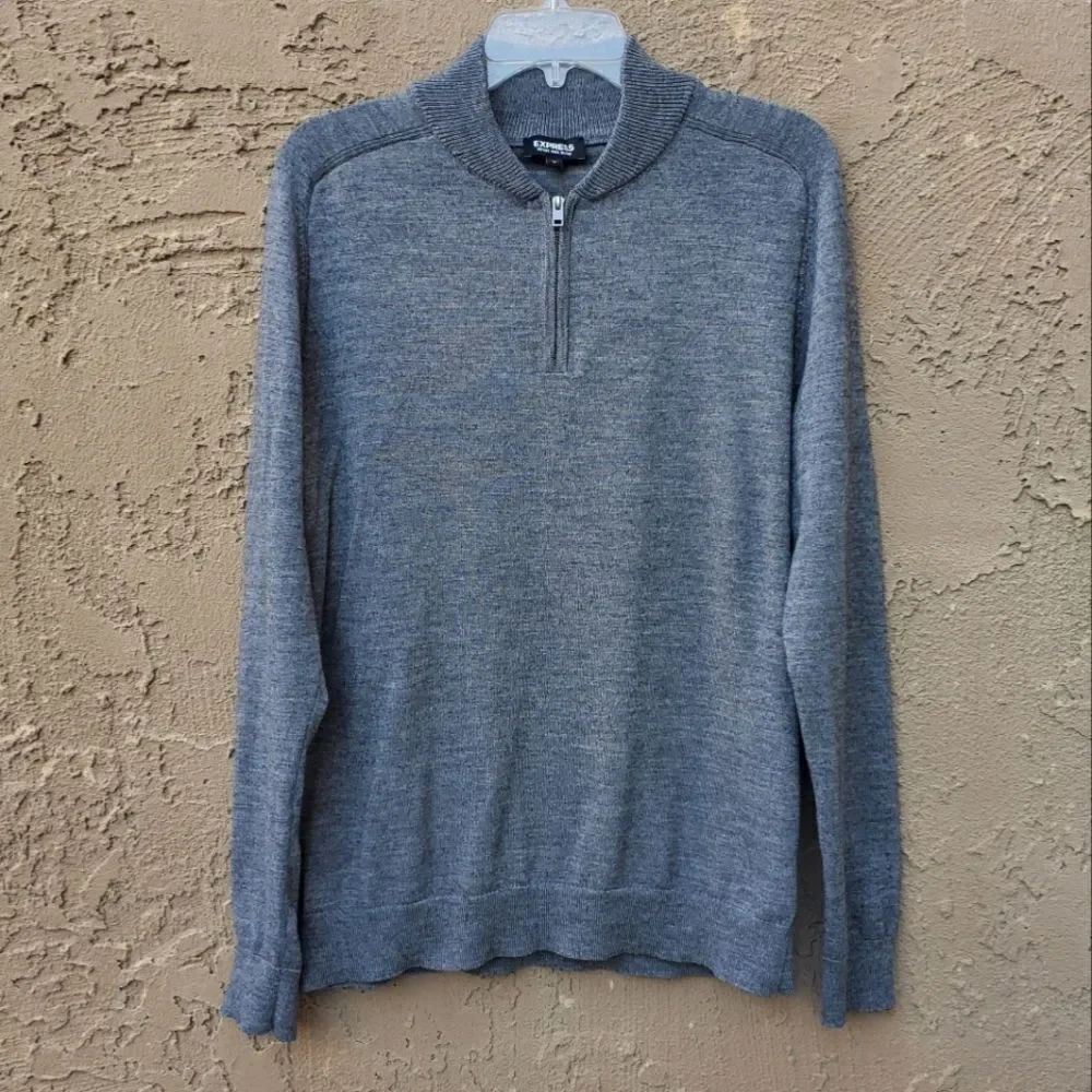 Express Gray Merino Wool Blend Quarter Zip Up Long Sleeve Sweater